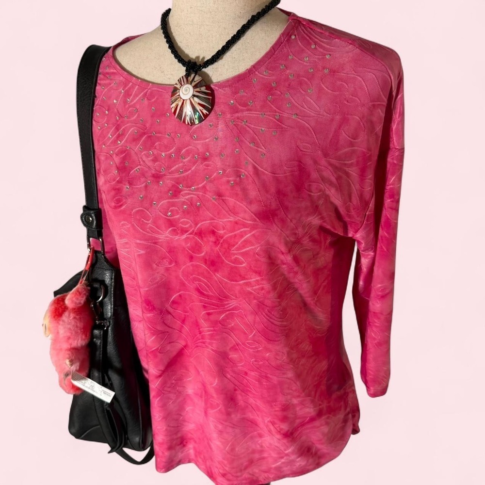 Hudson Harper Hot Pink Mcbling Rhinestone Sequin Slinky 3/4 Sleeve Top Small
